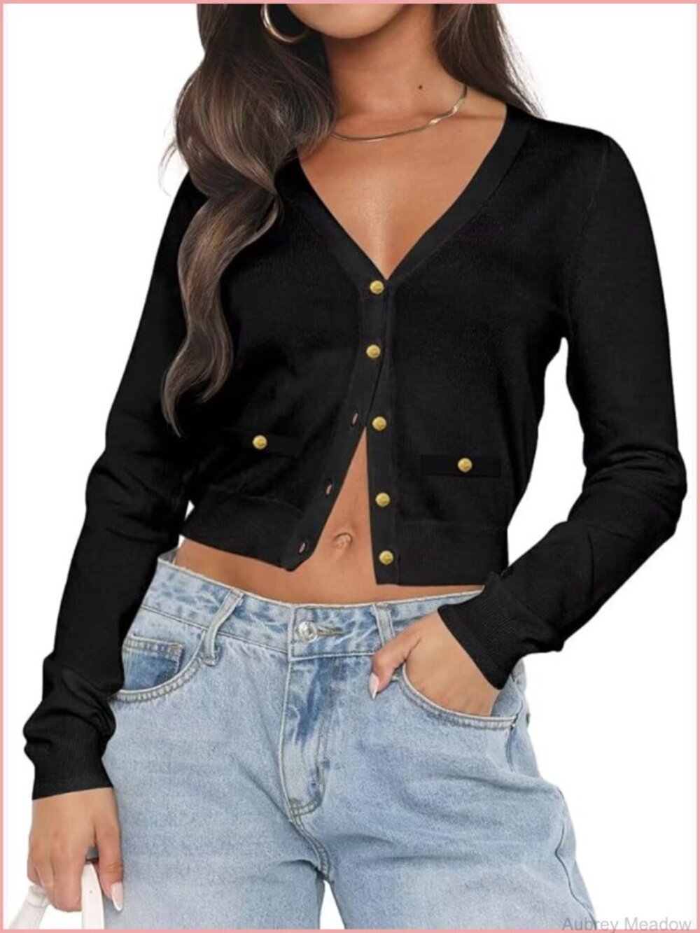 V Neck Button Down Color Block Long Sleeve Cropped Cardigan Sweater